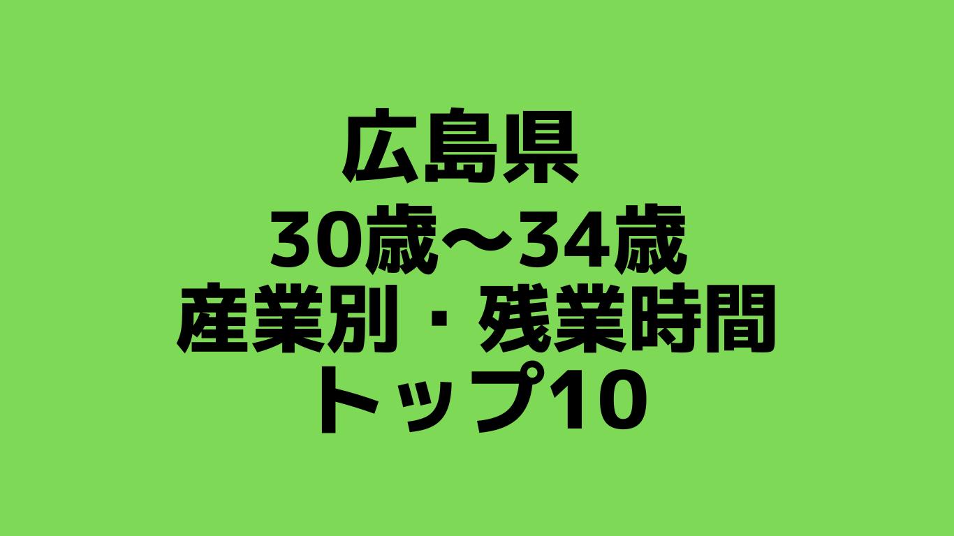 広島県：30歳～34歳の産業別・残業時間ランキングトップ10