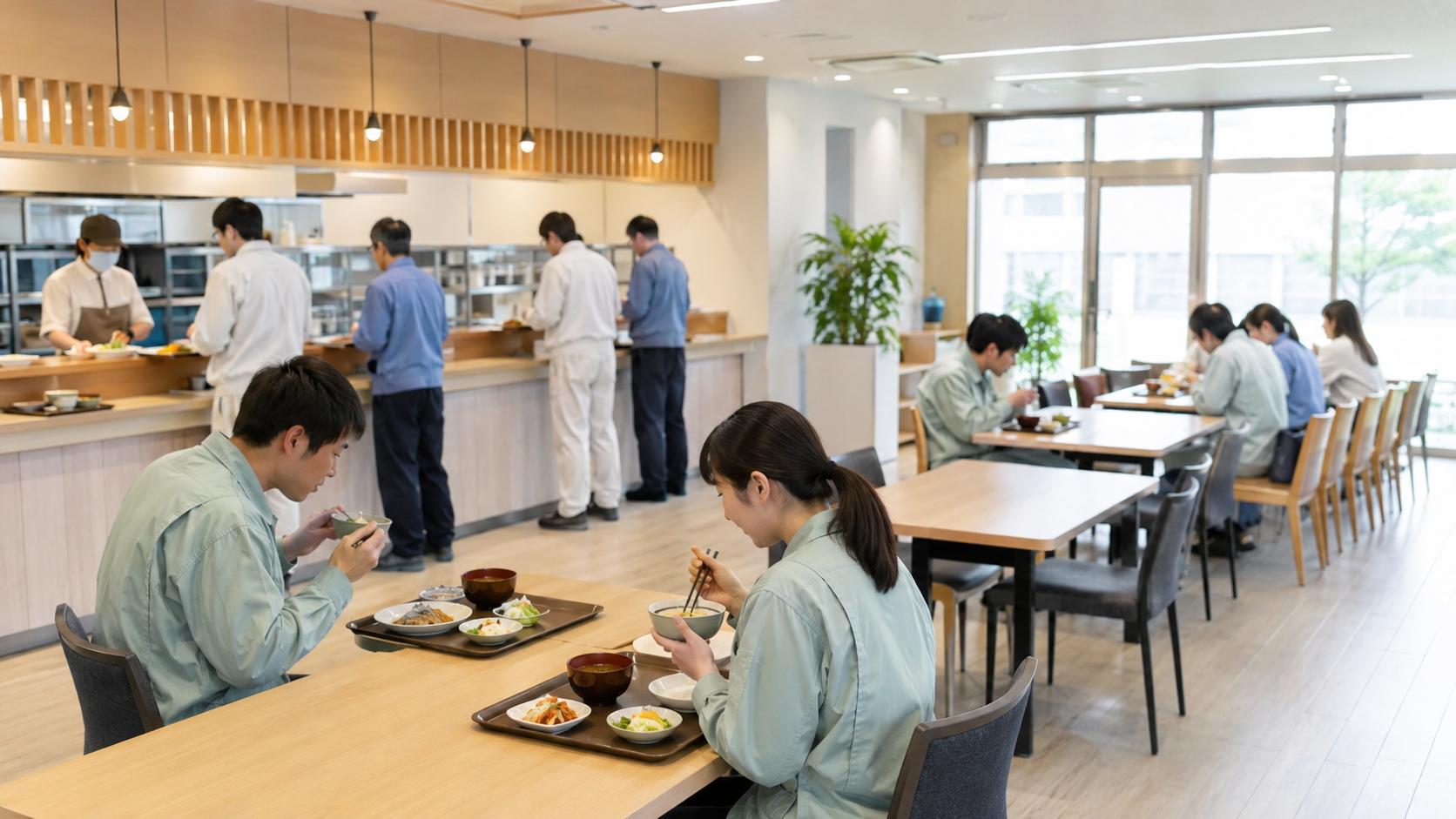 社員食堂で昼食をとる従業員の様子